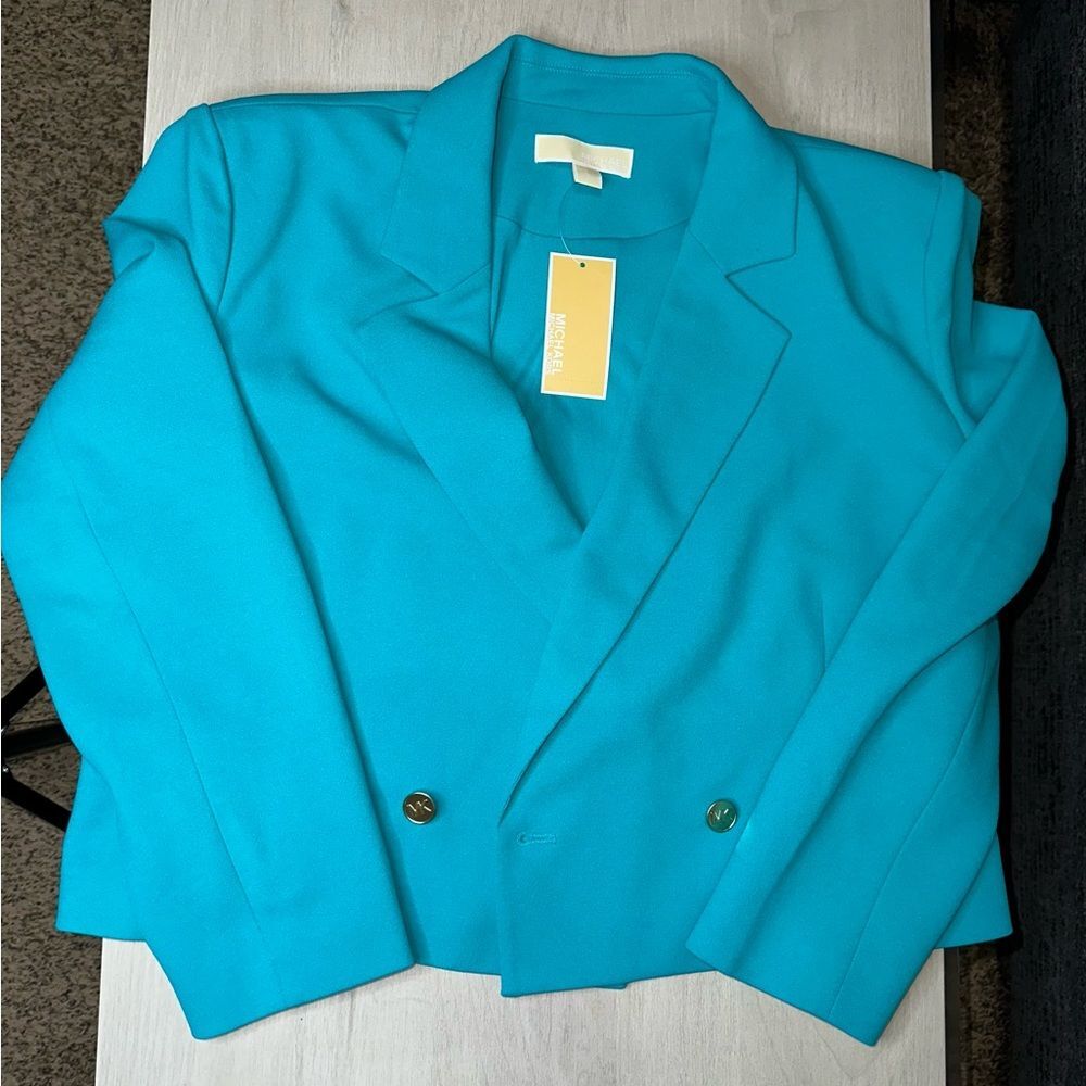 Michael Kors Tile Blue Blazer Jacket Gold Buttons Women Large NWT MSRP $165